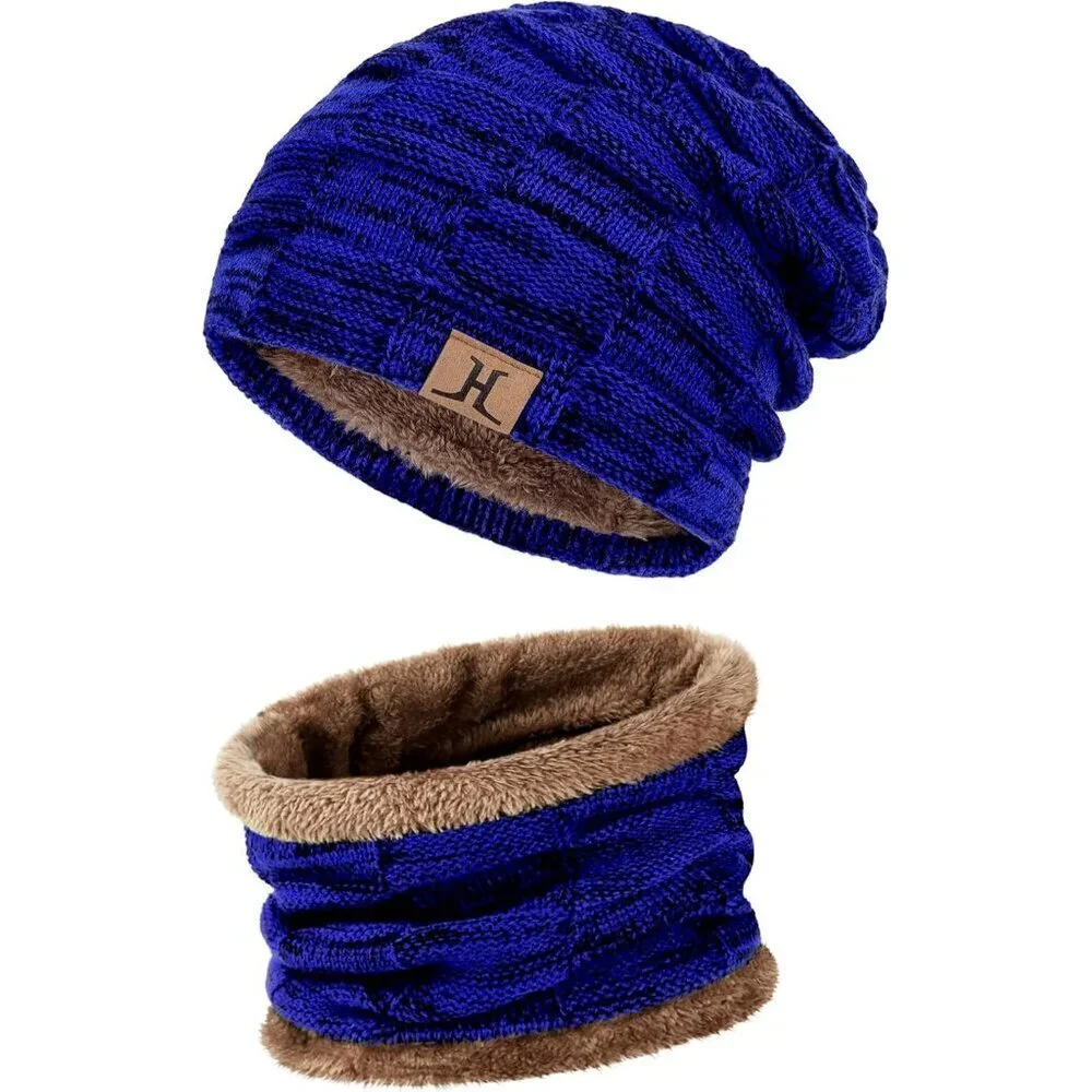 Men's Royal Blue Winter Warm Knit Skull Cap Neck Warmer Fleece Lined Scarf Set